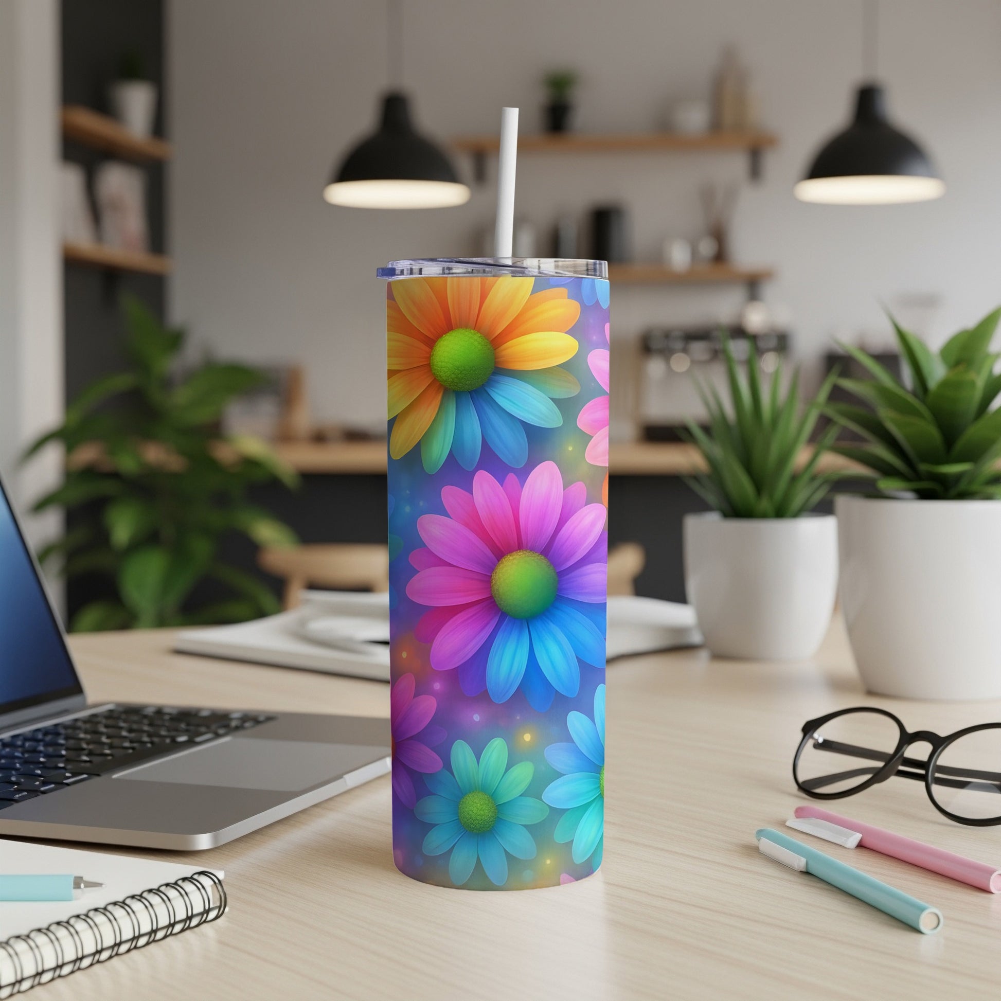 Tall tumbler with colorful daisy pattern, lying on a desk next to a laptop.