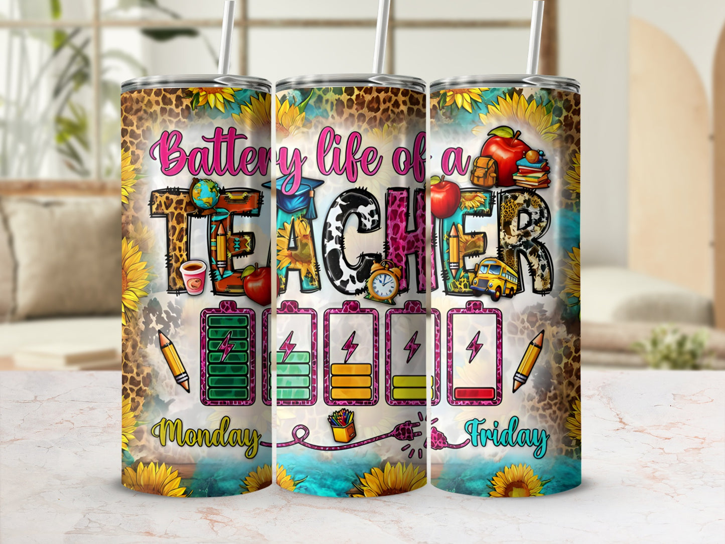 Teacher tumbler with battery icons, sunflowers, and apples.