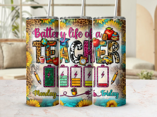 Teacher tumbler with battery icons, sunflowers, and apples.