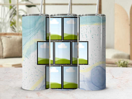 Tumbler with blue and gold abstract watercolor design and photo frame placeholders.