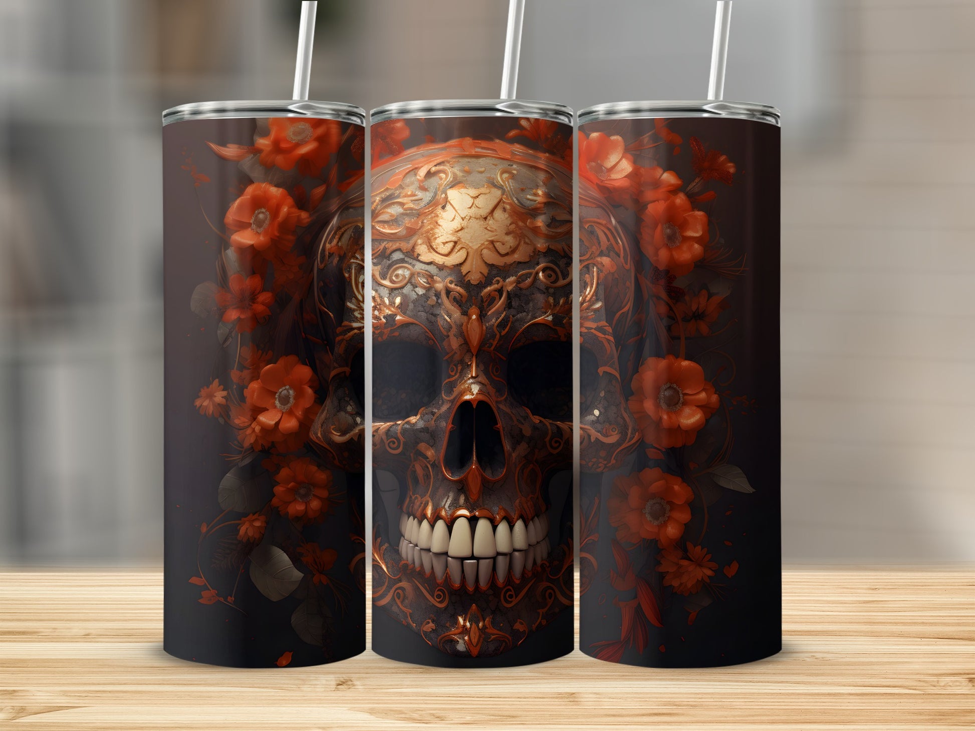 Gothic Skull with Orange Floral Design Tumbler