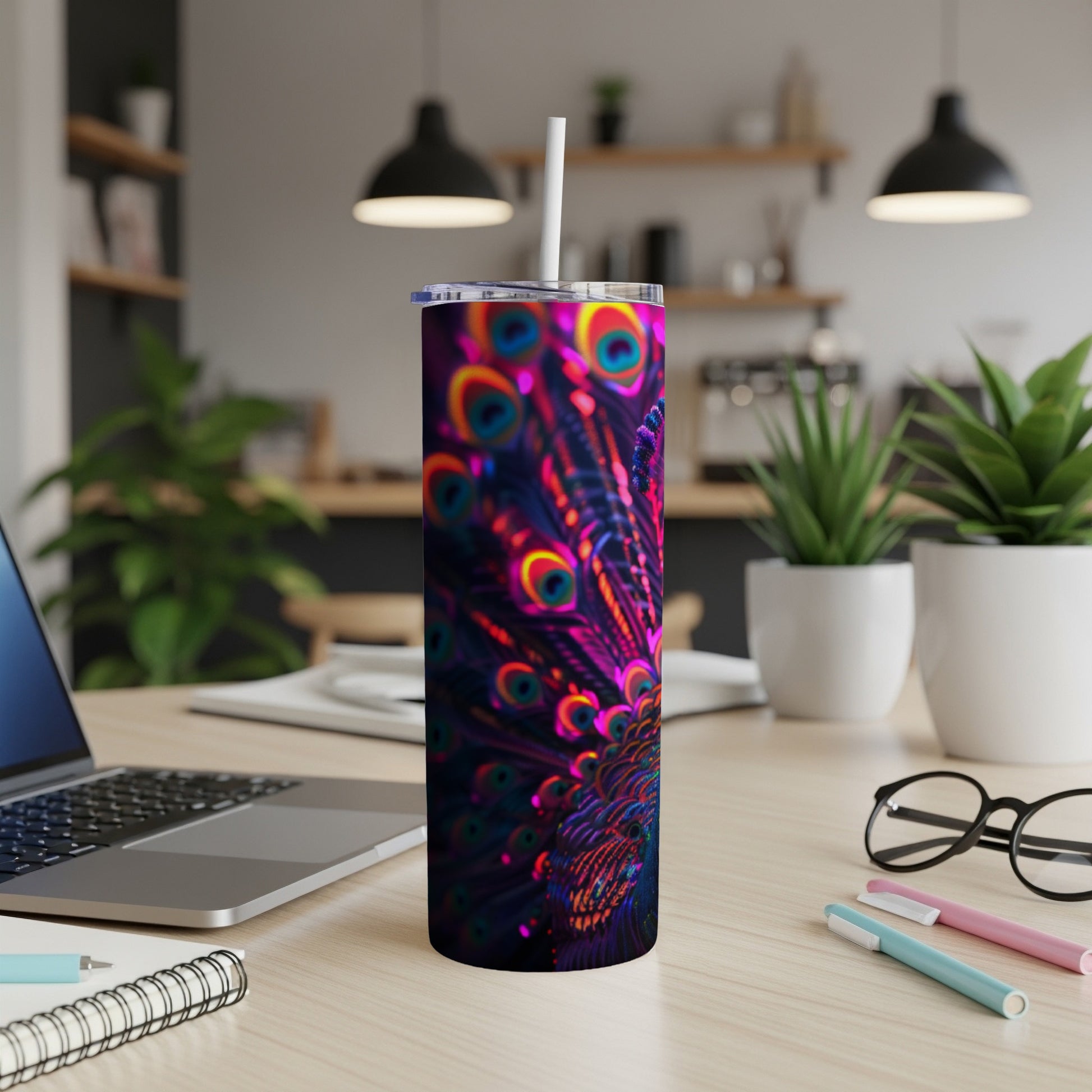 Colorful peacock feather design on a tall, slender tumbler.