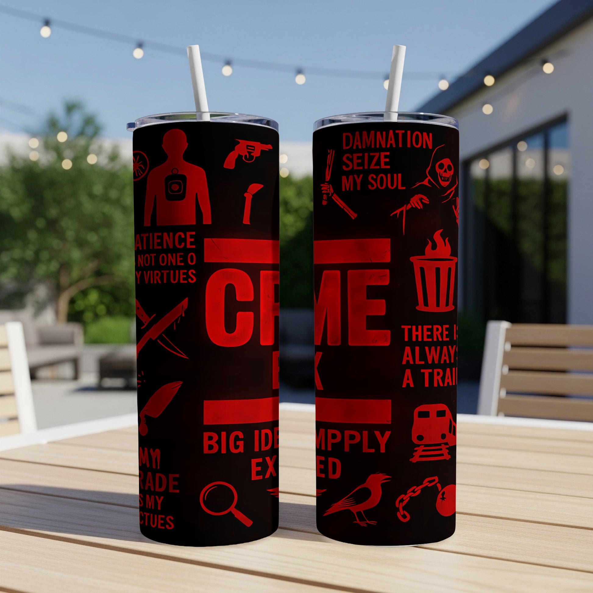 Two black tumblers with red crime-themed graphics and text, including "CRIME."