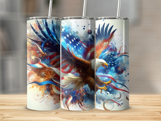 Eagle with American flag wings and fireworks on three tumblers.