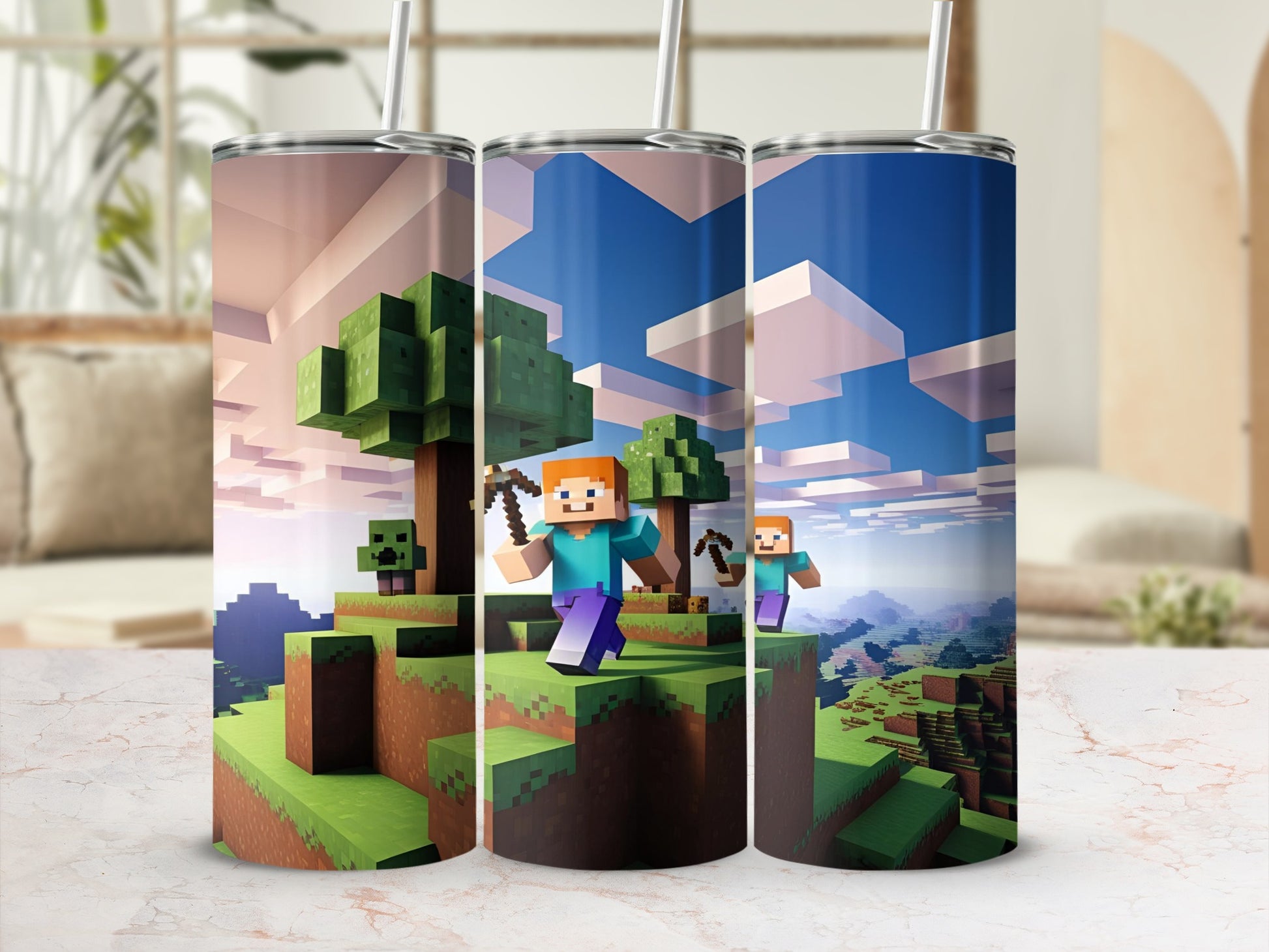 Minecraft characters and landscape on a 30oz tumbler.