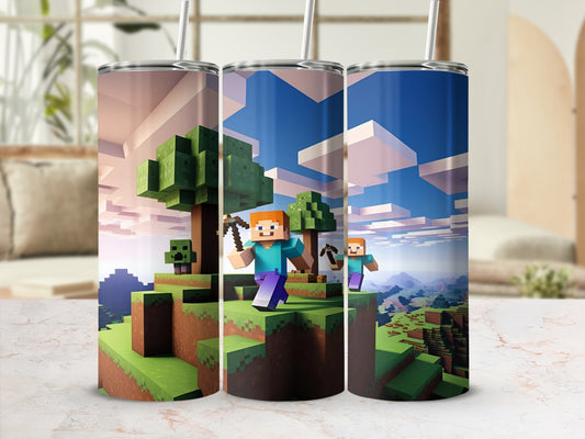 Minecraft characters and landscape on a 30oz tumbler.