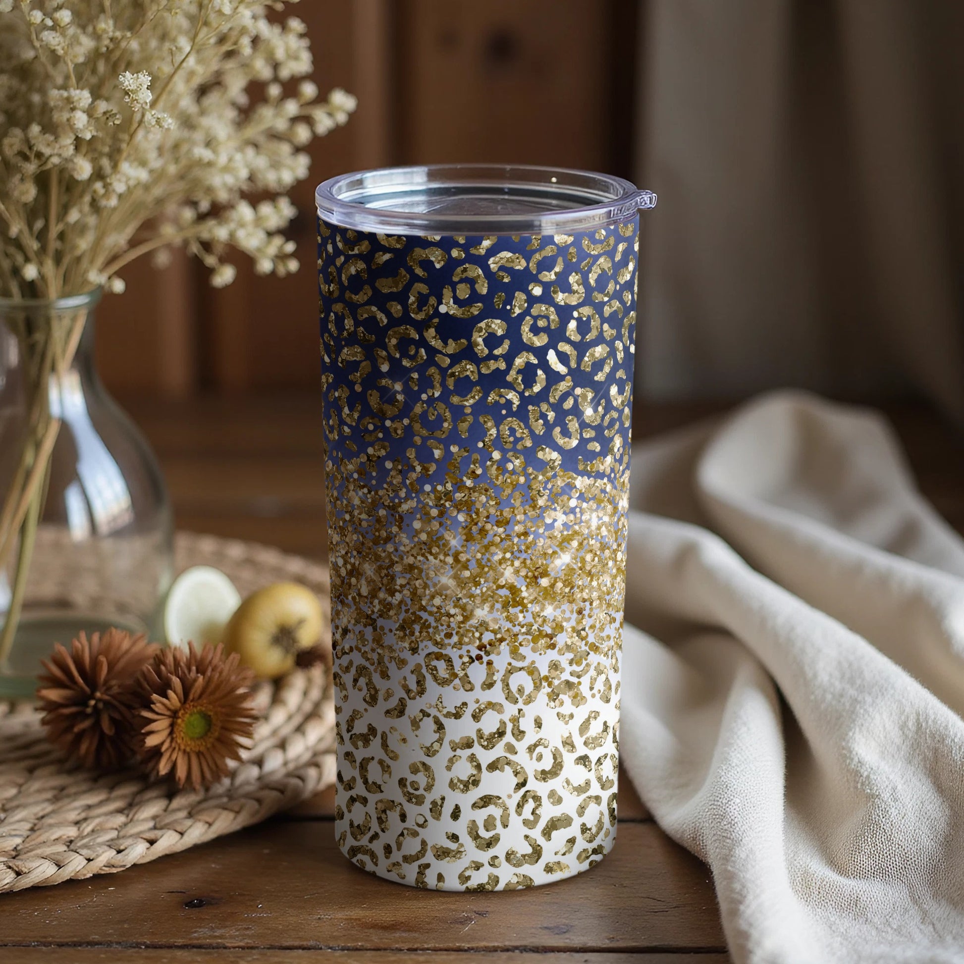 Sparkling Leopard Print Gradient Tumbler with Lid