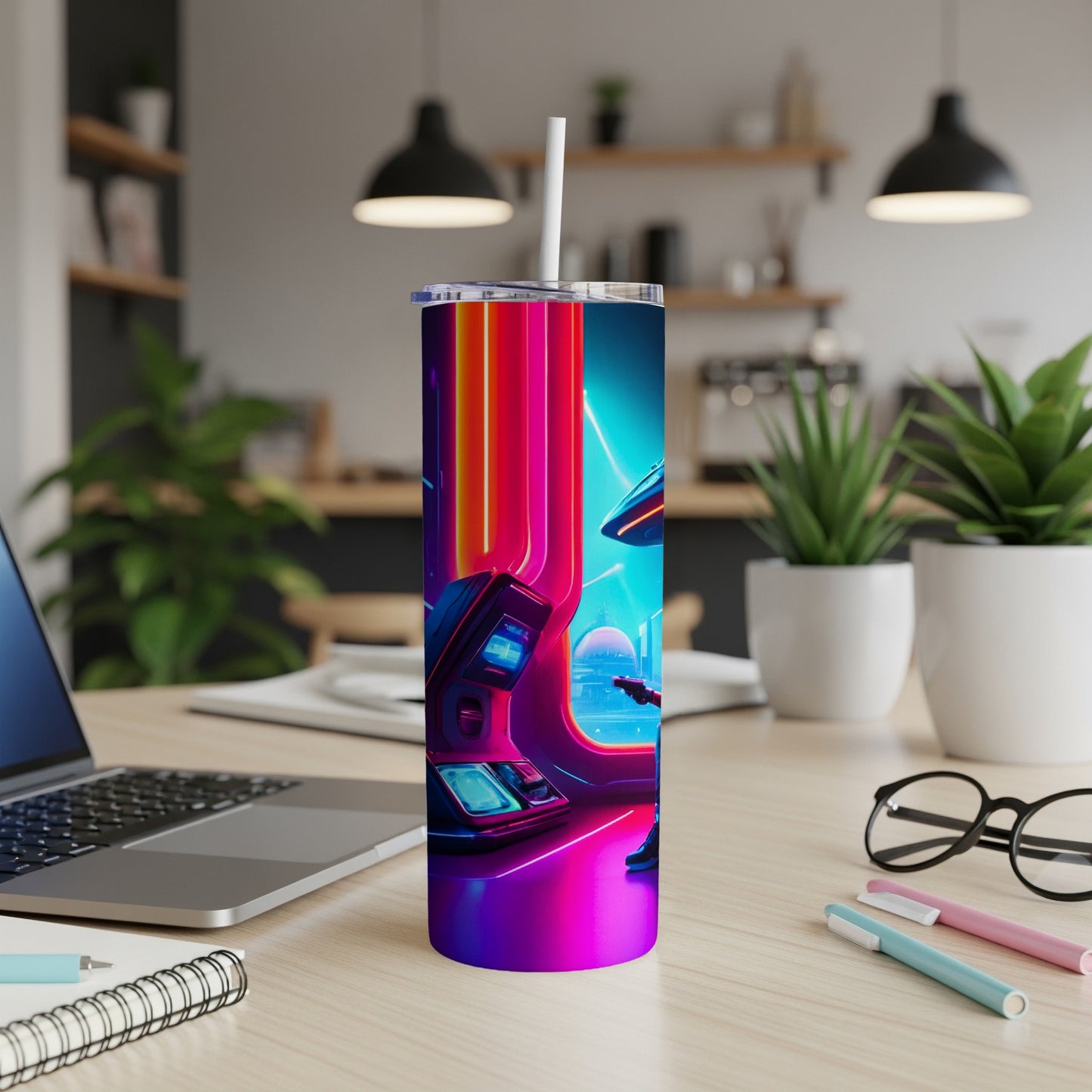 Neon-lit cyberpunk tumbler with futuristic console design on desk.