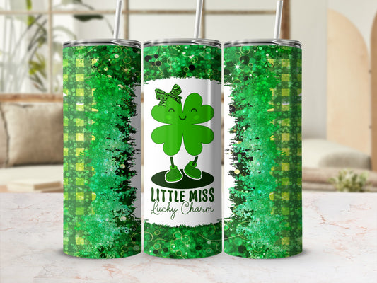 Green tumbler with shamrock and "Little Miss Lucky Charm" text.