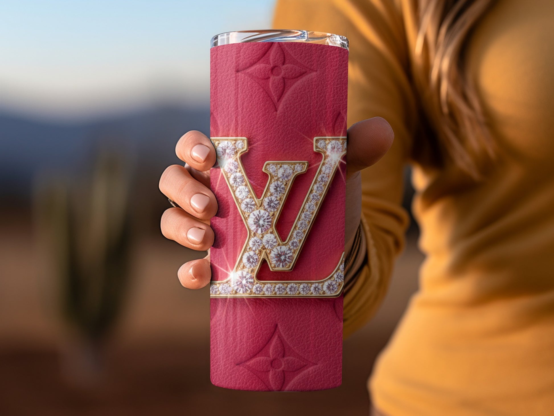 Pink and Gold Luxury Diamond Studded LV Tumbler