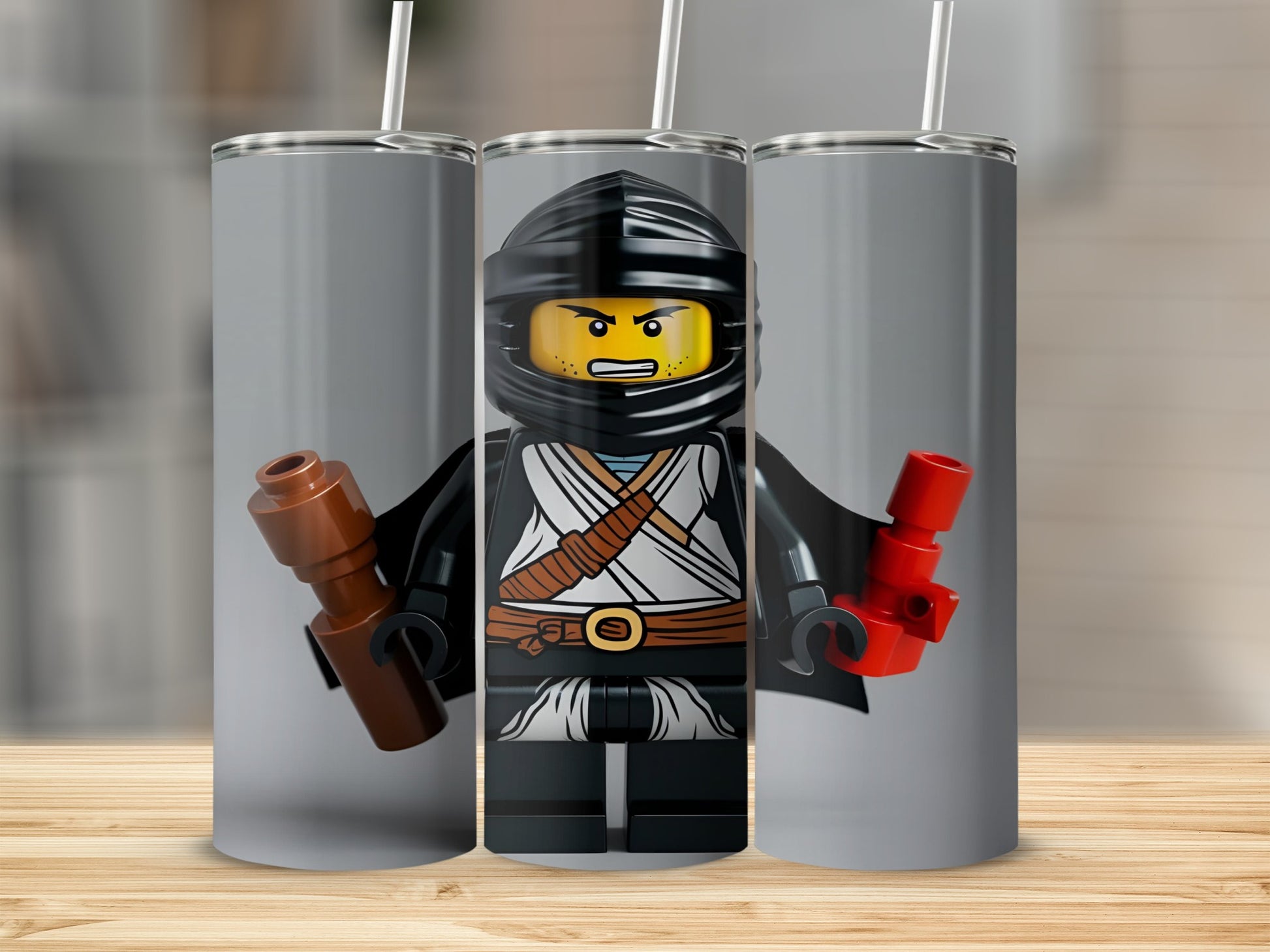 Lego ninja character in black and white uniform holding brown and red lightsabers.