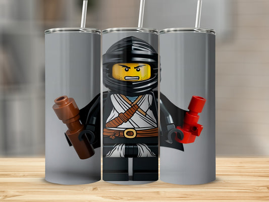 Lego ninja character in black and white uniform holding brown and red lightsabers.