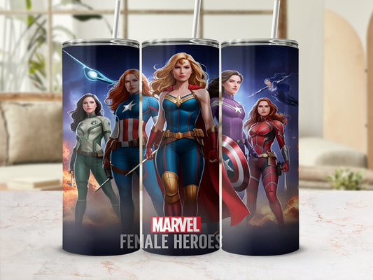 Marvel Female Heroes Captain America, Scarlet Witch, and Captain Marvel artwork on tumblers.