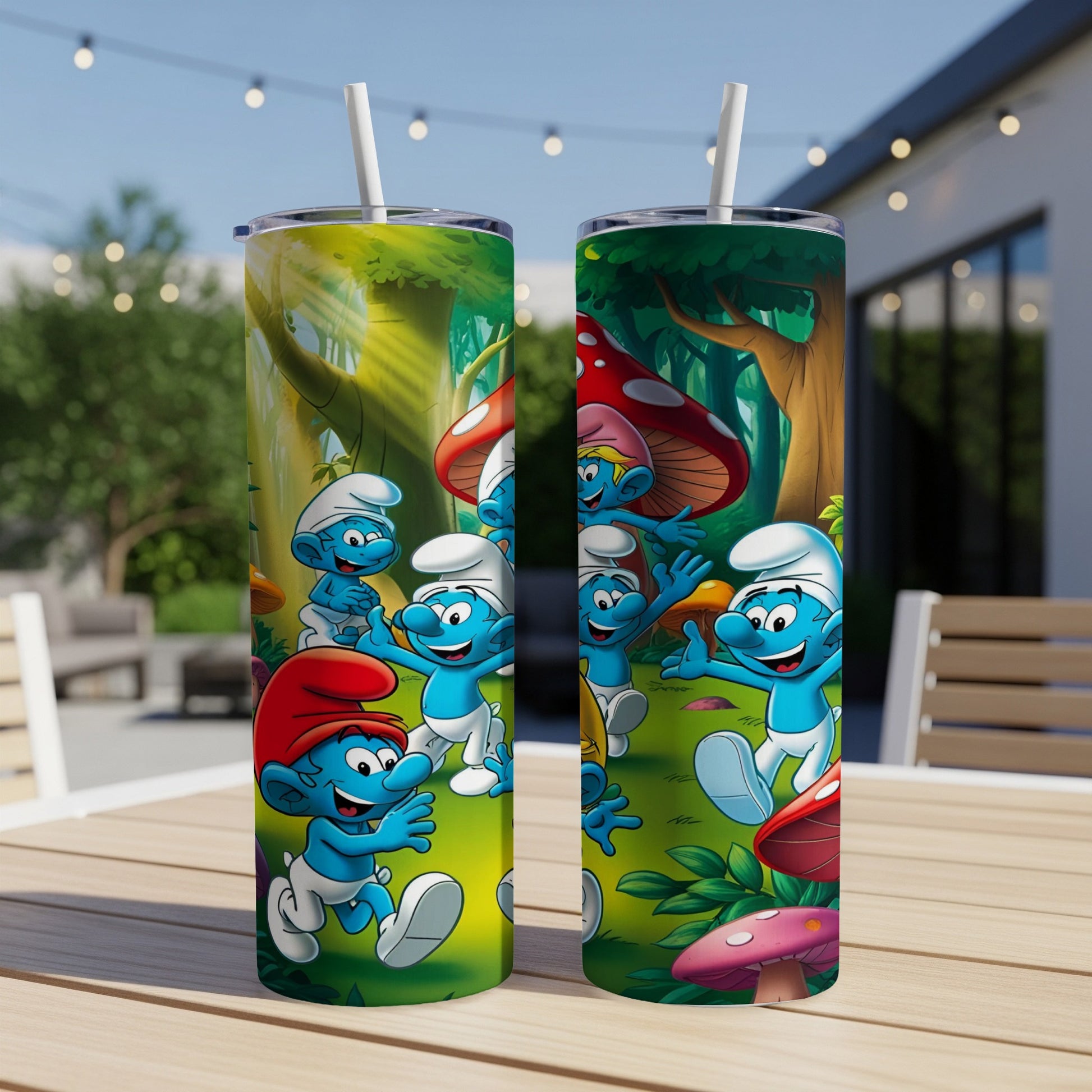 Smurfs characters on a colorful mushroom and forest background, on two tumblers.