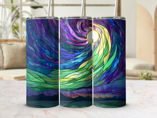 Abstract stained glass starry night sky with a moon.