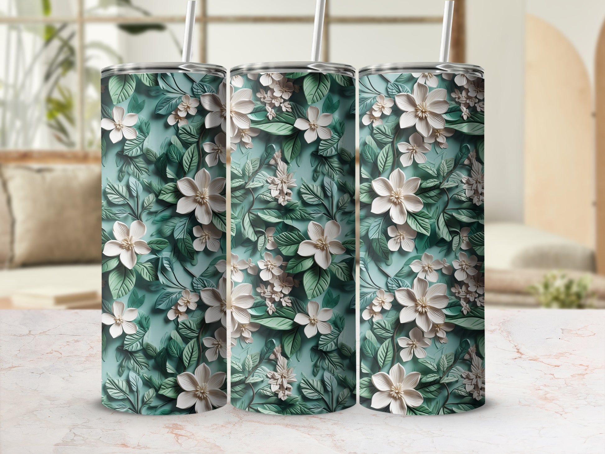 Floral Pattern White Blooms on Green Background Tumbler