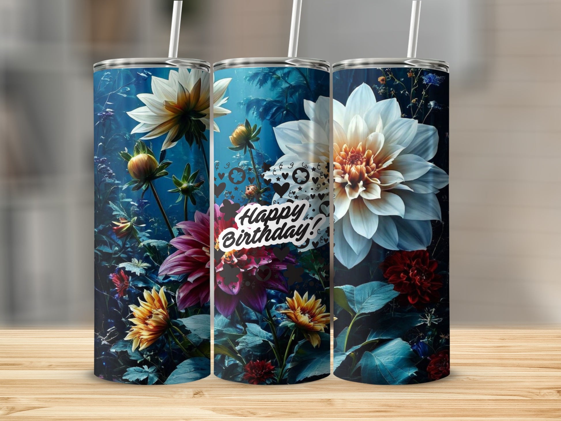 Three tumblers with floral designs and "Happy Birthday!" text.