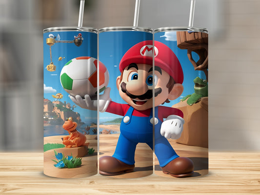 Mario holding a soccer ball with a cartoon landscape background.