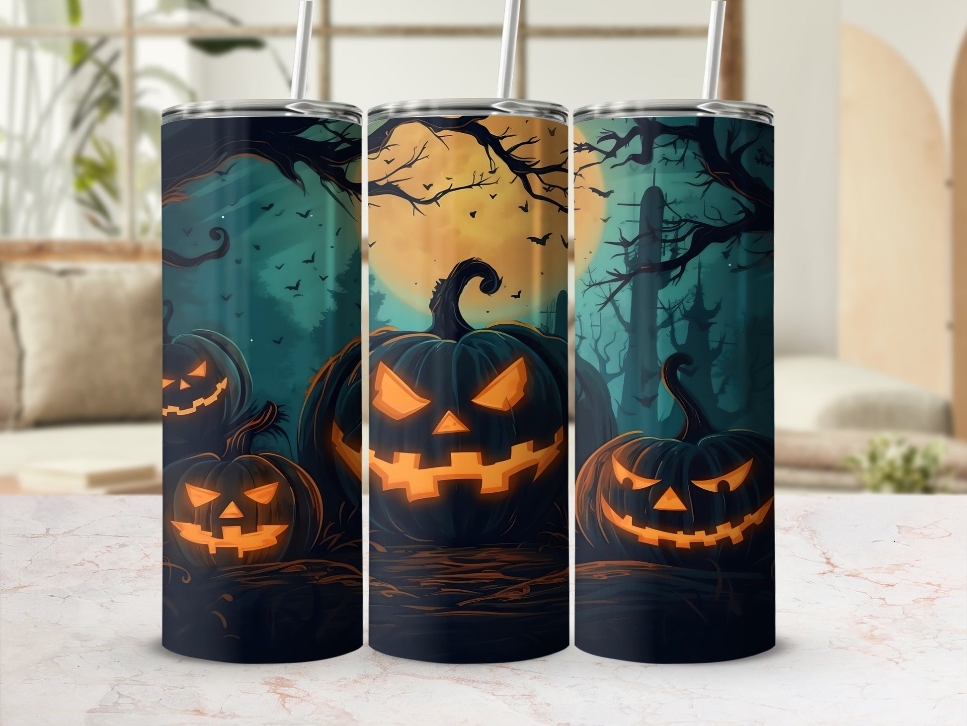 Halloween tumblers featuring carved jack-o'-lanterns against a dark, spooky forest backdrop.