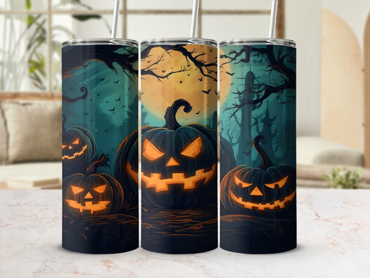 Halloween tumblers featuring carved jack-o'-lanterns against a dark, spooky forest backdrop.