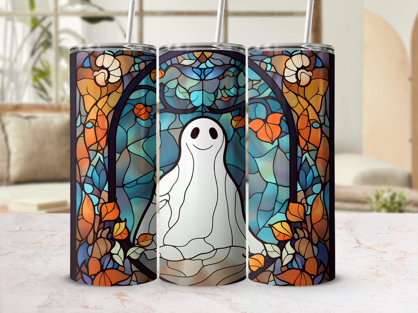 Ghost with stained-glass background and falling leaves design on a tumbler.
