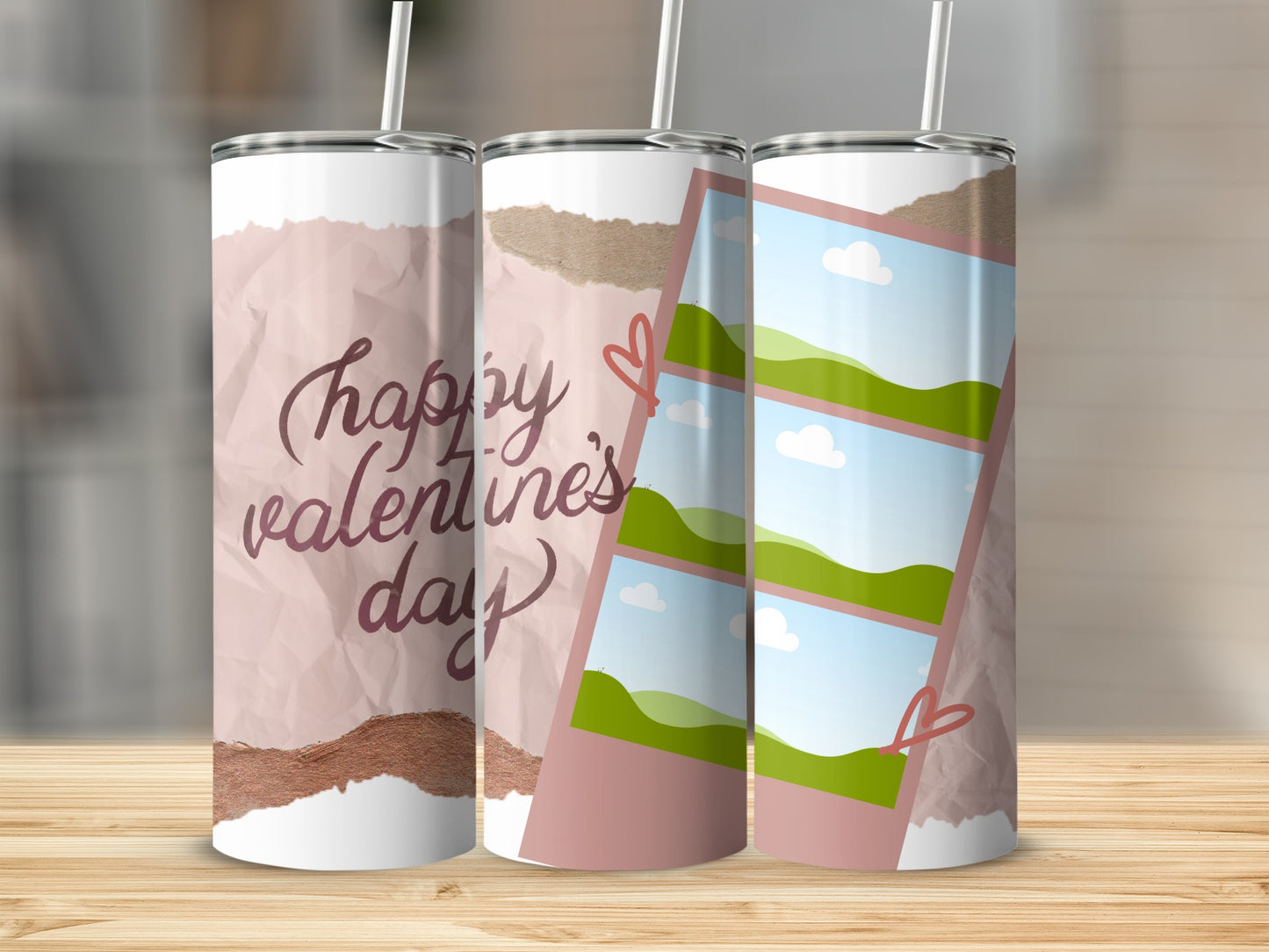 Three tumblers with "Happy Valentine's Day" and a photo collage design.