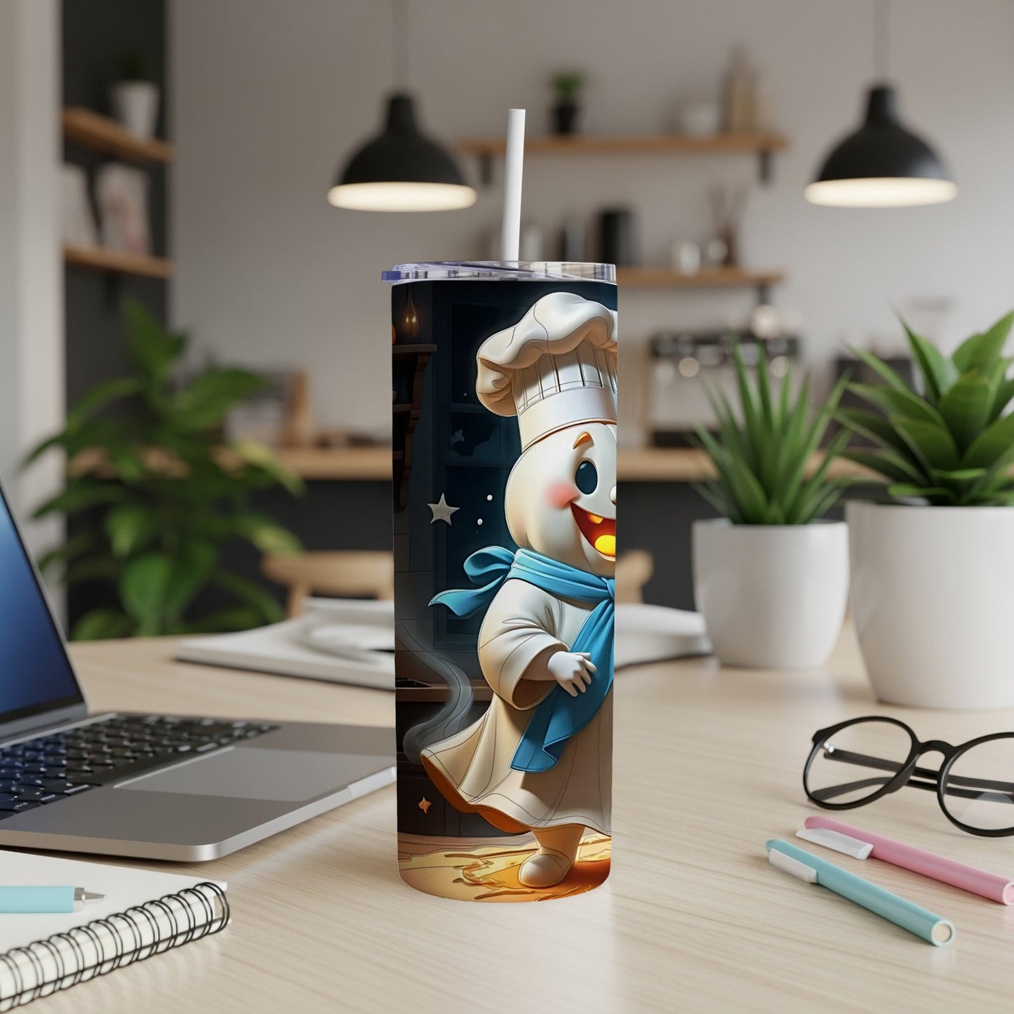 Tumbler featuring a cartoon Pillsbury Doughboy in a chef's hat and blue scarf.