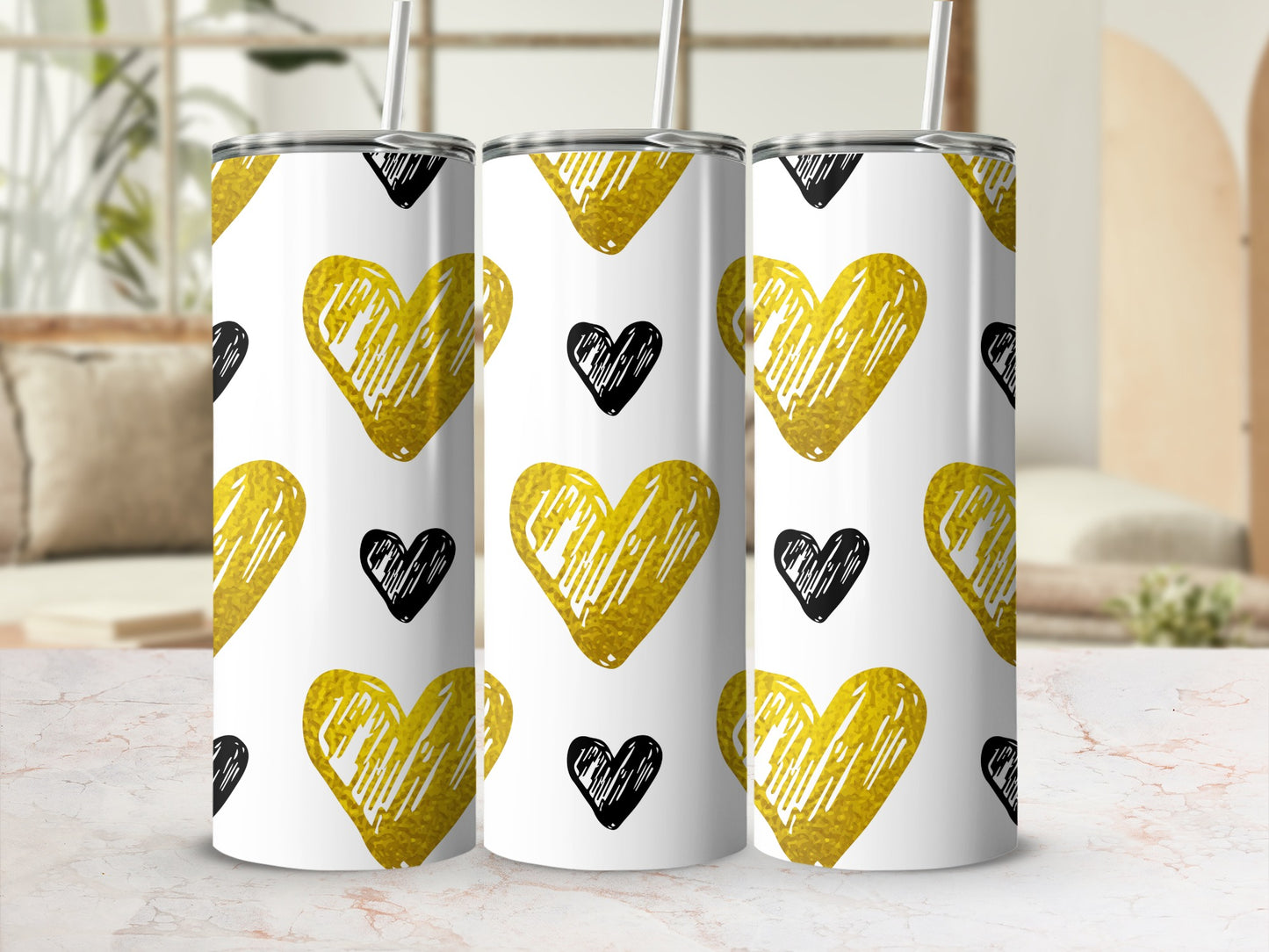 Stylish Gold and Black Heart Patterned Tumbler