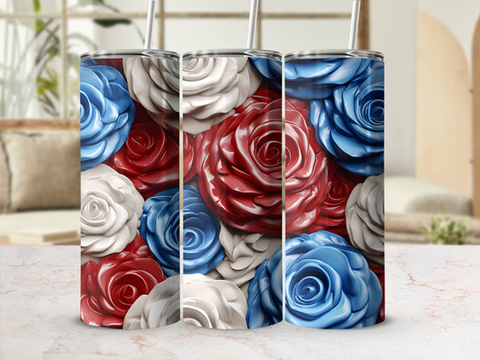 Three patriotic red, white, and blue rose tumblers with straws, arranged side-by-side.