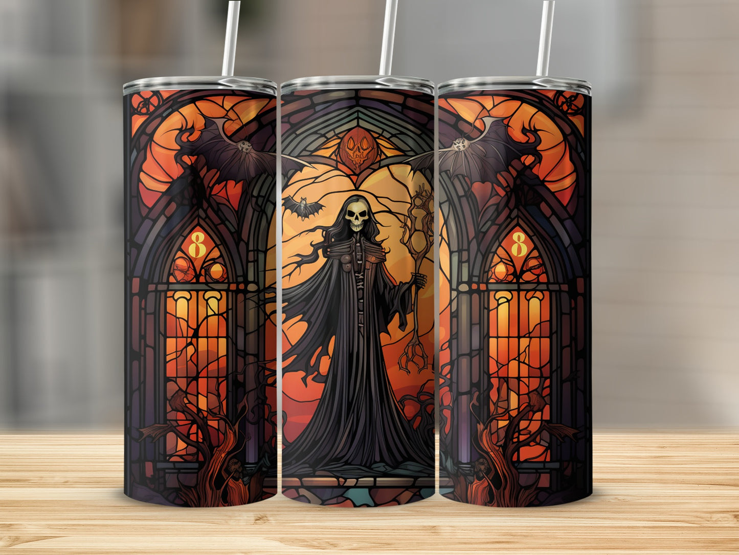 Grim reaper in stained glass window, surrounded by bats and trees.