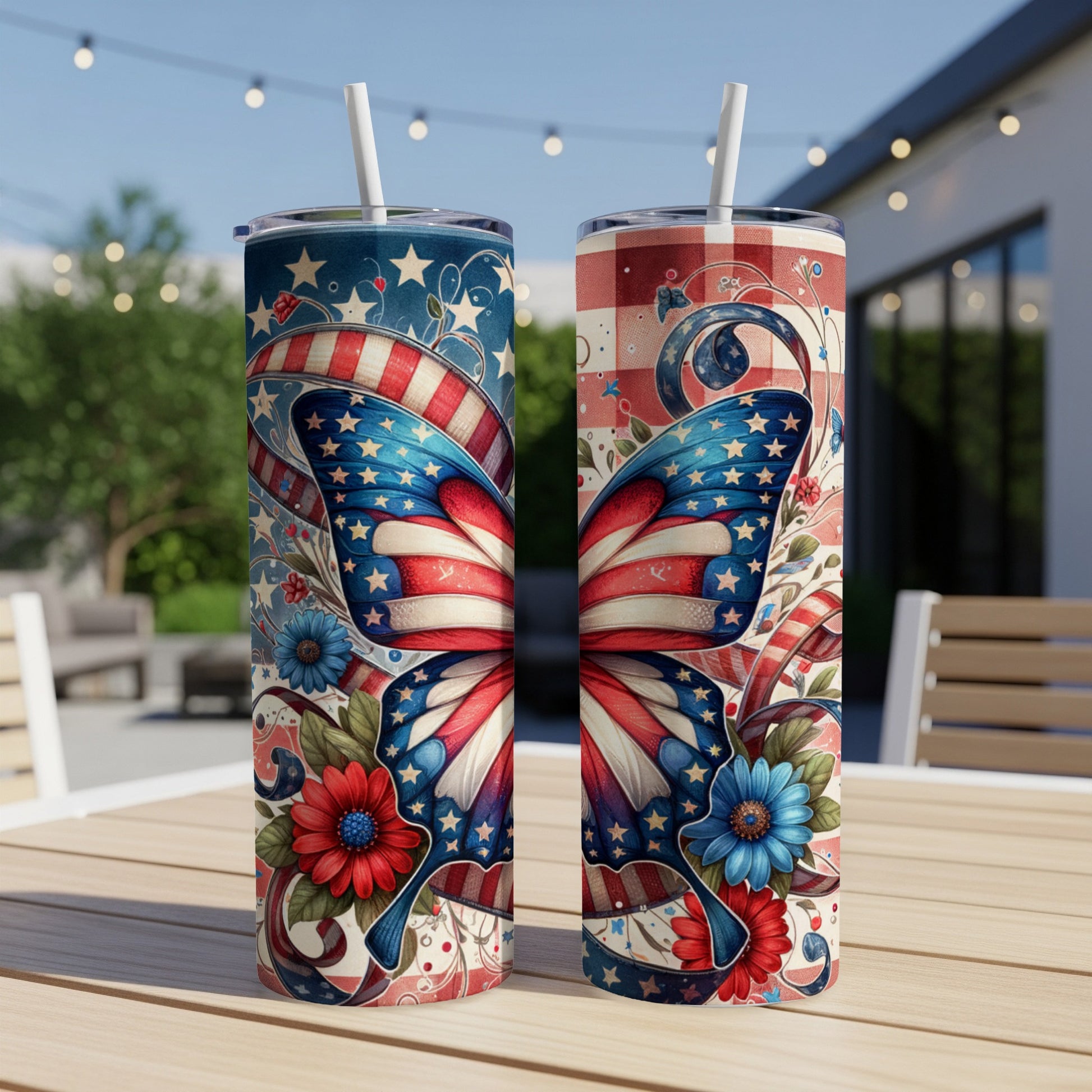 Two patriotic butterfly tumblers with straws, one on the left, one on the right.