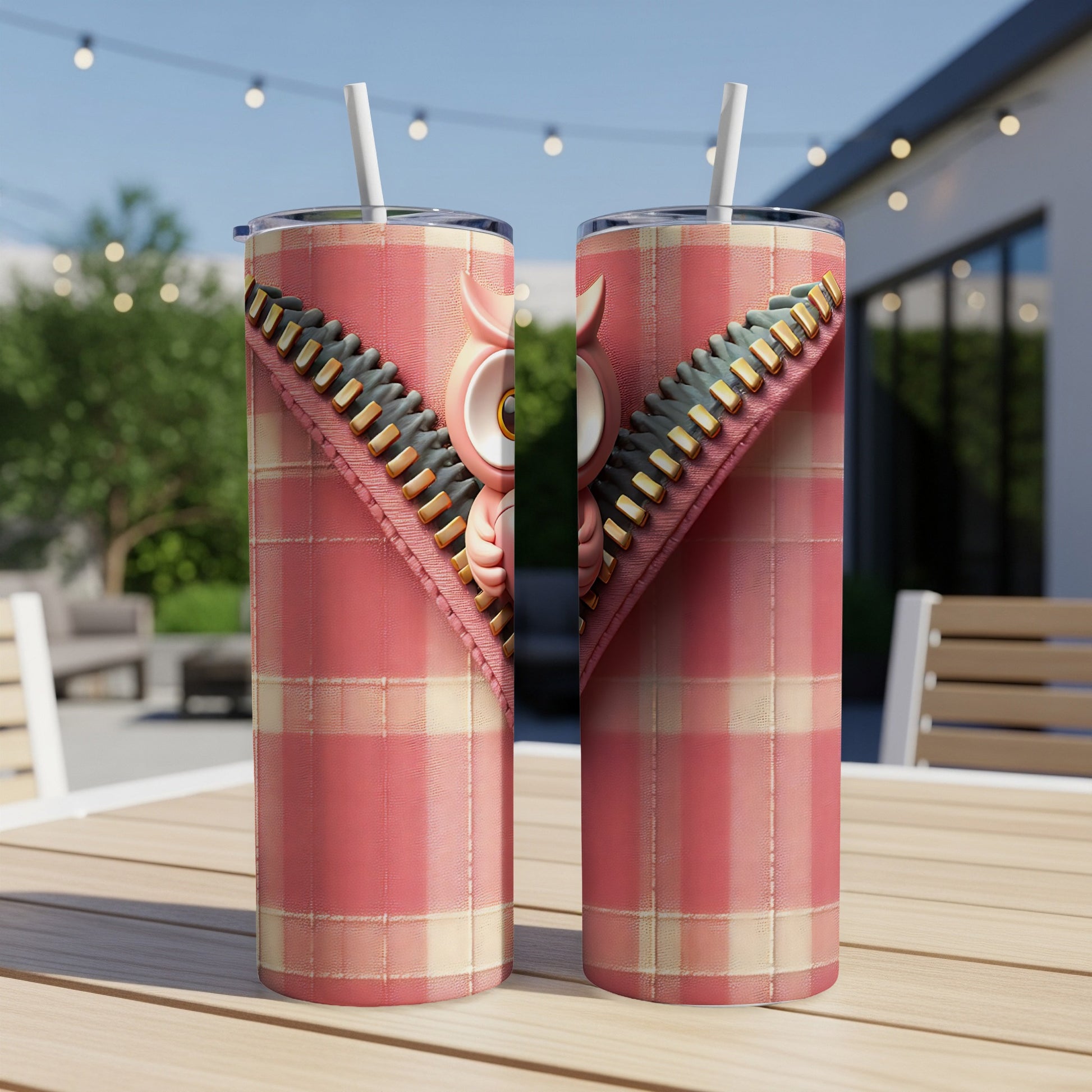 Pink plaid tumbler with owl design and zipper detail.