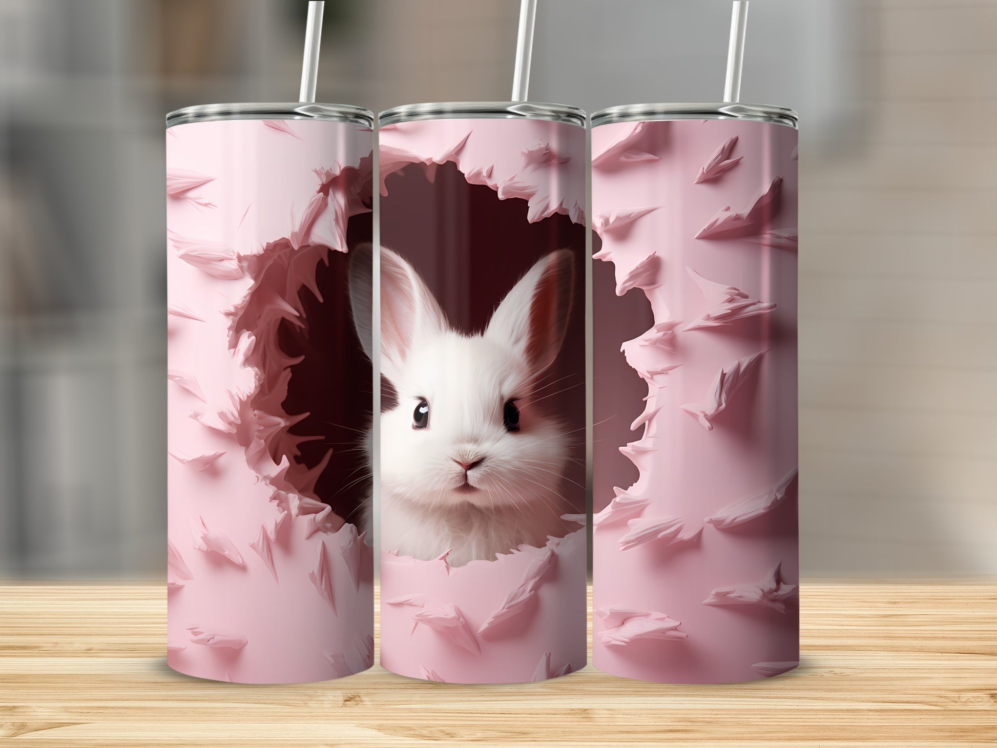 Cute Rabbit Peeking Through Torn Pink Paper Tumbler