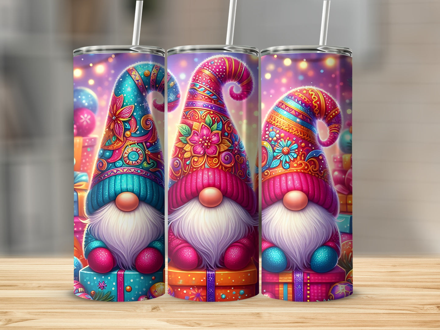 Three gnomes with colorful hats and beards on gift boxes.