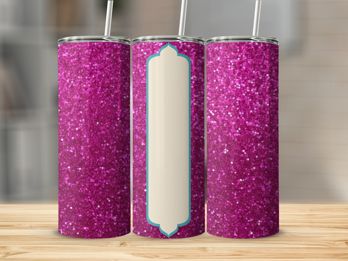 Sparkling magenta tumbler with a cream and teal label in the center.