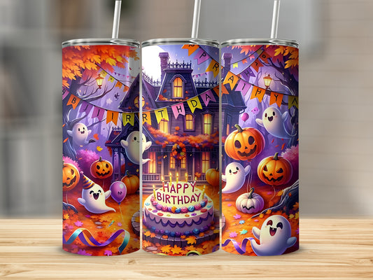 Halloween birthday theme tumblers with ghosts, pumpkins, and a haunted house.