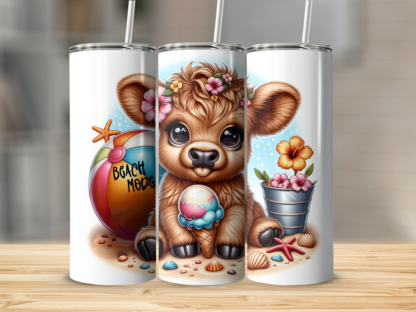 Cute baby cow wearing flowers holds ice cream, beach ball, and seashells.