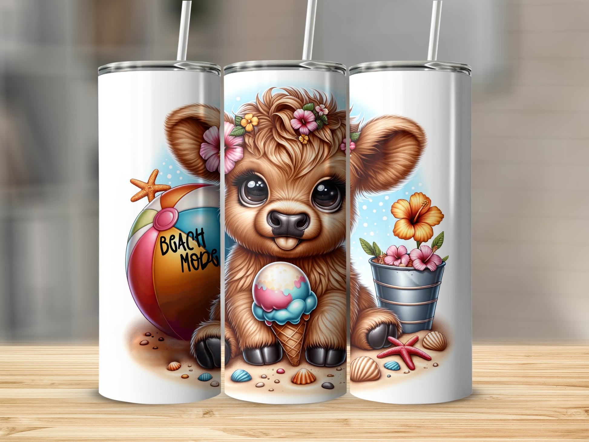 Cute baby cow wearing flowers holds ice cream, beach ball, and seashells.
