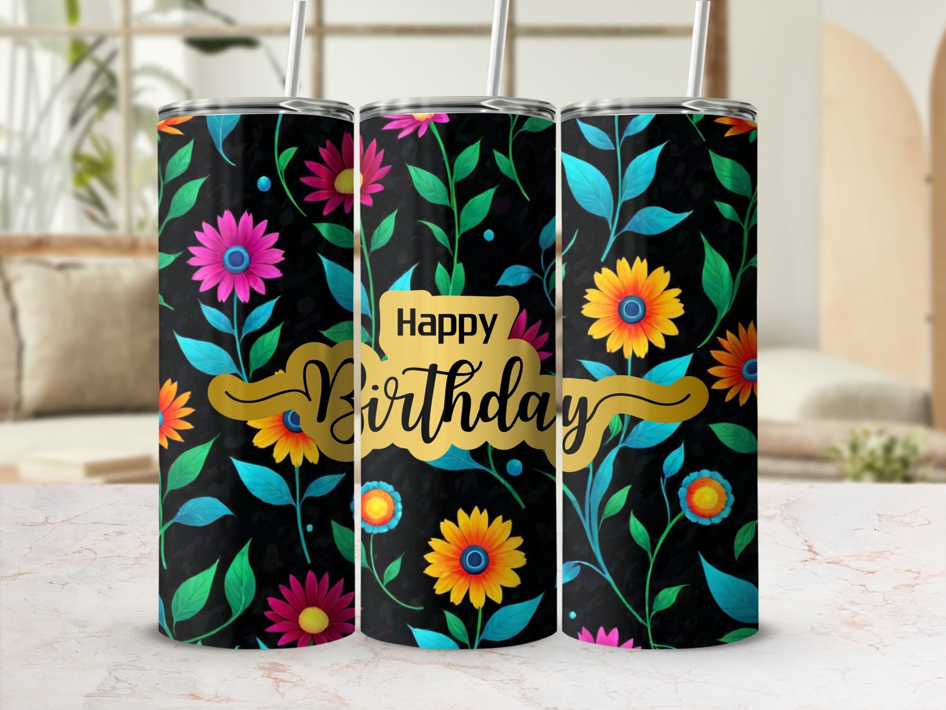 Black tumbler with colorful floral pattern and "Happy Birthday" text.