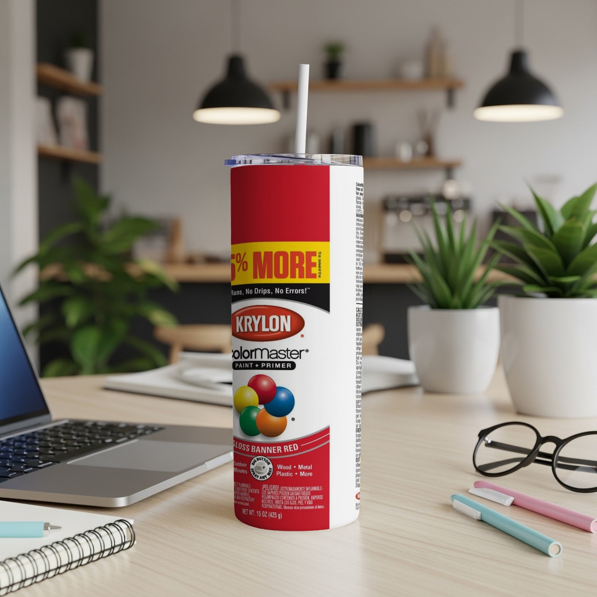 Krylon ColorMaster Gloss Banner Red spray paint can with text.