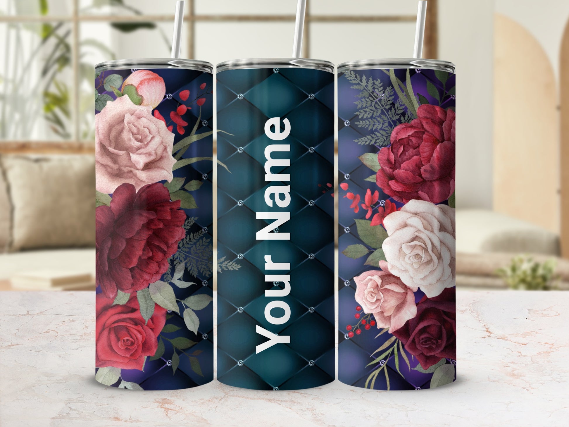 Custom Floral and Name Slim Tumbler with Straw