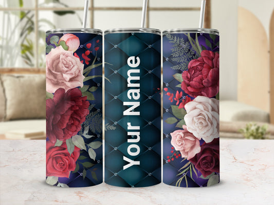 Custom Floral and Name Slim Tumbler with Straw