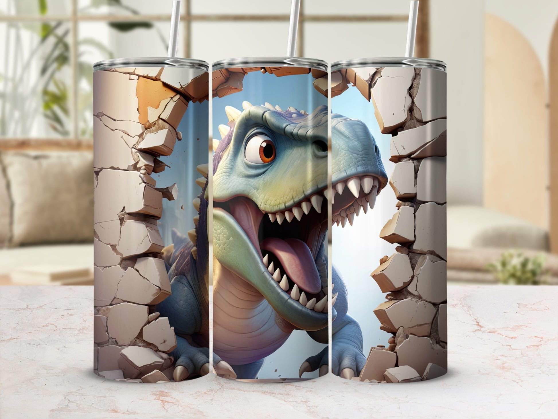 T-Rex dinosaur peeking through a cracked wall on a tumbler.