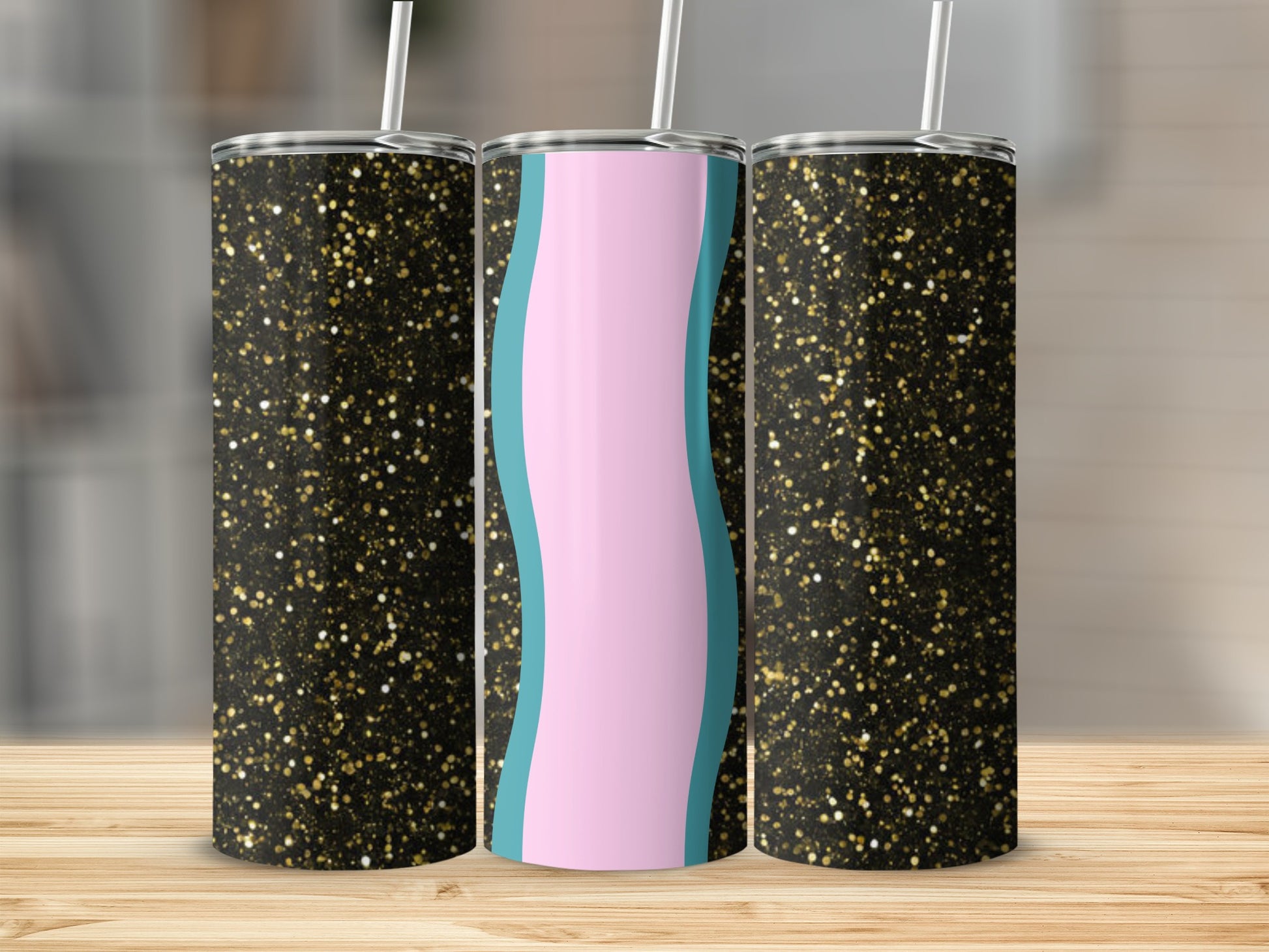 Three glitter tumblers with gold speckles and pastel wave designs.