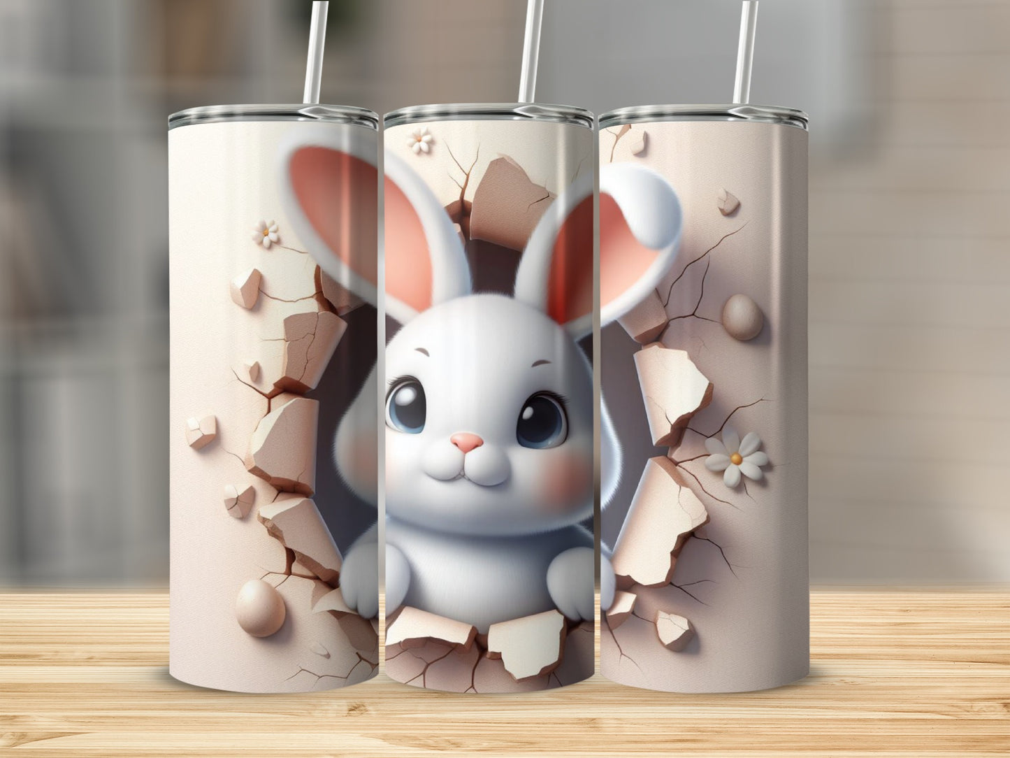 Cute cartoon bunny peeking through cracked wall with flowers.
