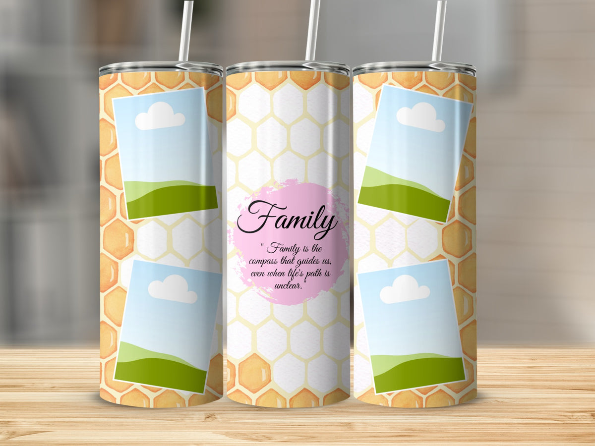 Three tumblers with honeycomb pattern and quote "Family is the compass".