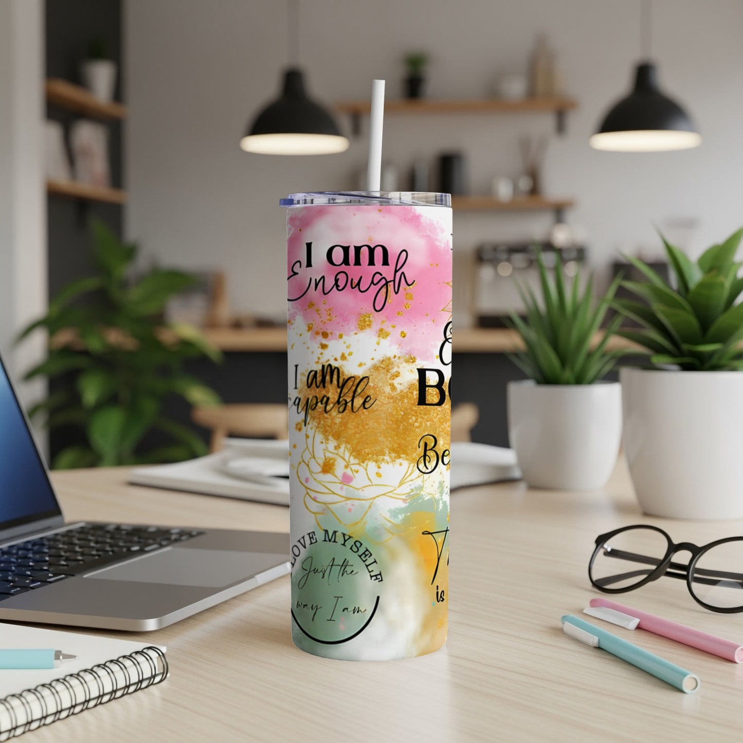 Pink and gold tumbler with "I am enough" and self-love affirmations.