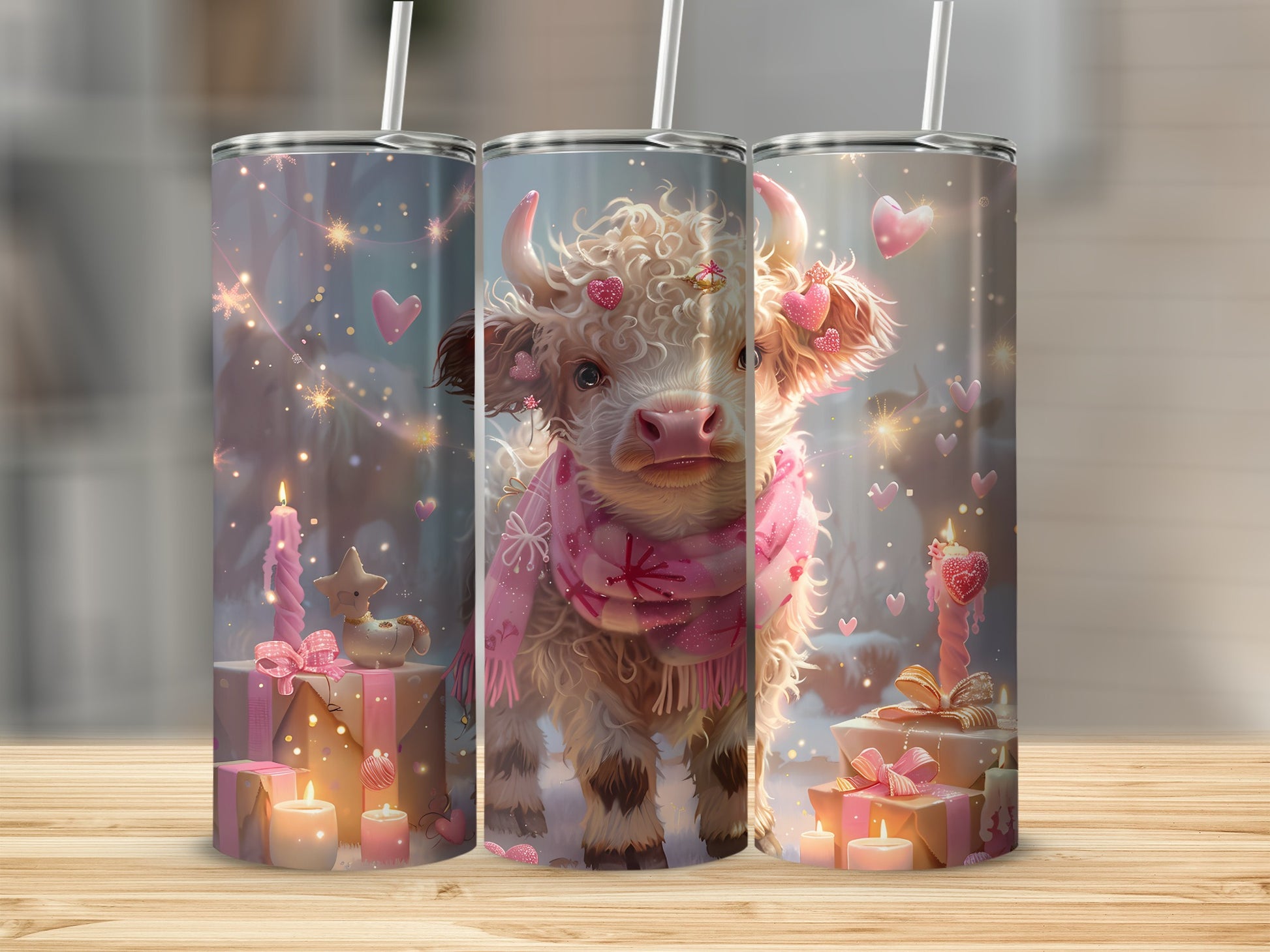 Fluffy cow with pink scarf and heart decorations, surrounded by gifts and candles.