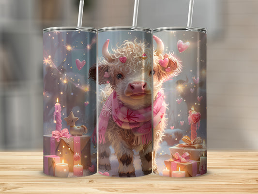 Fluffy cow with pink scarf and heart decorations, surrounded by gifts and candles.