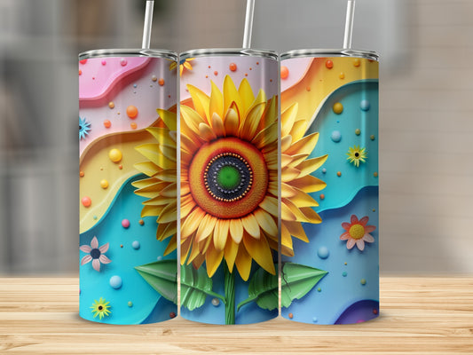 Three tumblers featuring a large sunflower and colorful abstract wavy designs.